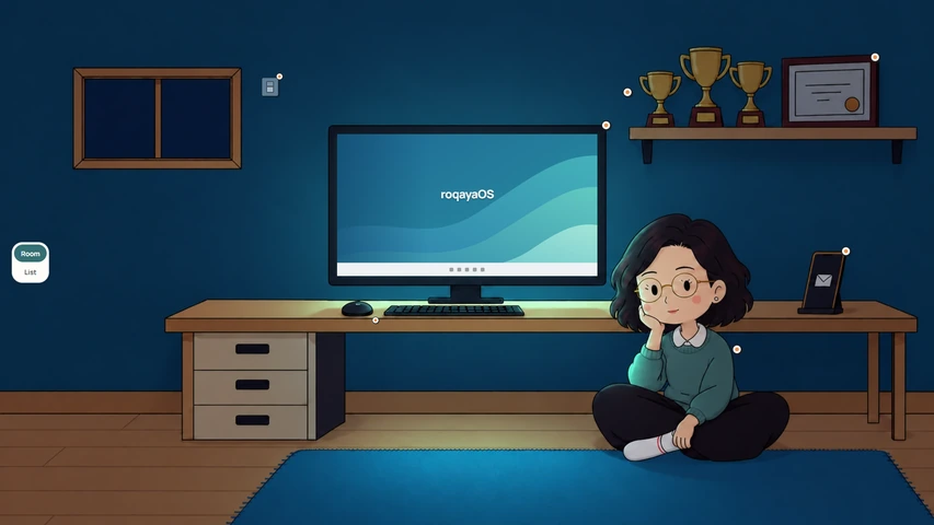 The illustrated room at night, with its hotspot markers and the Room / List switch