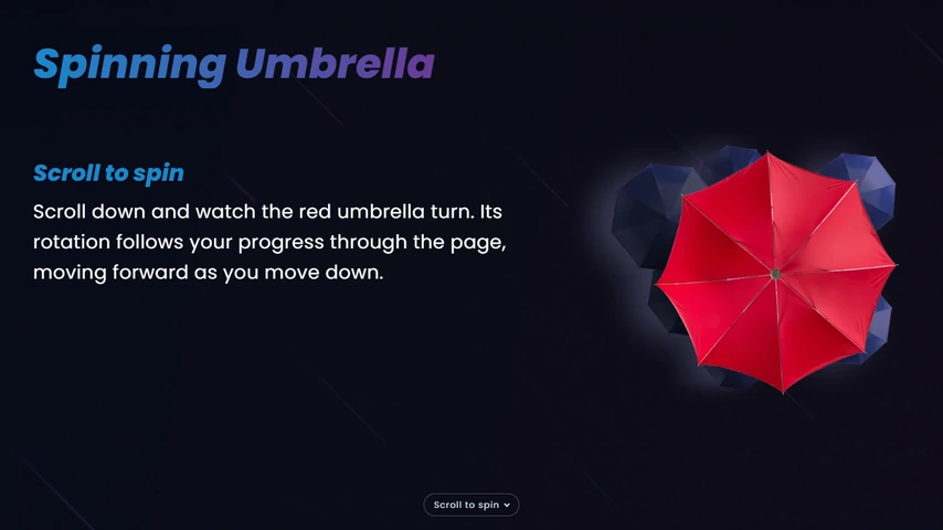 Spinning Umbrella page with a red umbrella beside the scroll prompt