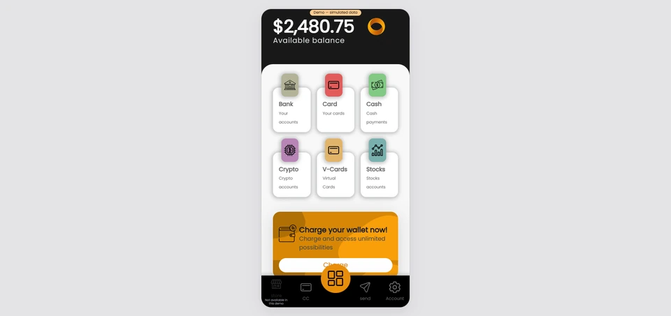 ViaFusion wallet dashboard with the available balance and account shortcuts